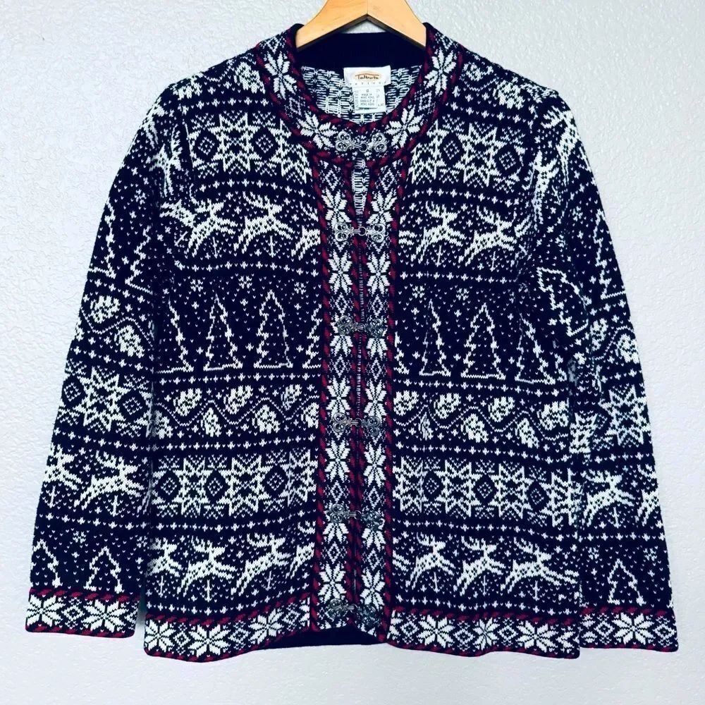 Talbots Nordic Icelandic Fair Isle Reindeer Snowflake Cardigan Sweater S